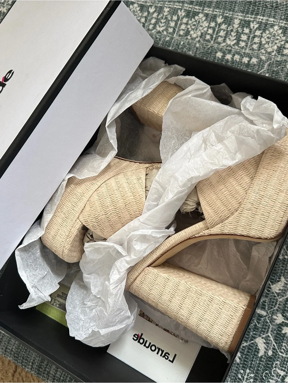 Larroude Natural Raffia Platform Block Heel Slides